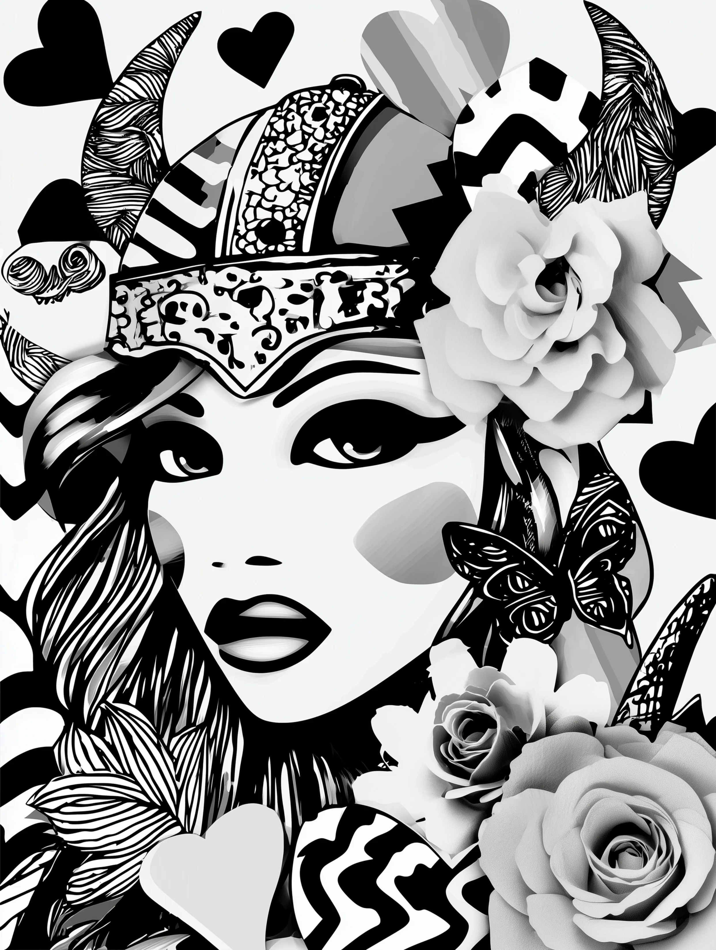 Free printable viking coloring page for adults featuring a viking woman with flowers on the right